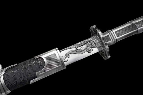 Hand Forged Qing Dynasty Dao Sword With High Manganese Steel Blade and Alloy Fittings, close-up of decorative hilt and scabbard