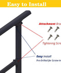 Dang Solid Metal Hand Rails For Outdoor Steps Black Powder Coated Stair Railing Kit installation details with attachment brackets and screws.