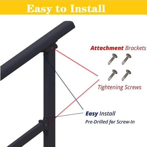 Dang Solid Metal Hand Rails For Outdoor Steps Black Powder Coated Stair Railing Kit installation details with attachment brackets and screws.