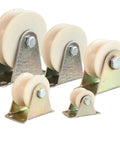 Heavy Duty Nylon V Groove Wheel With Rock Solid Steel Pulley For Sliding Gate Caster And Wire Rope Guide Roller Built Like A Tank For Crane Tracks And Seamless Daily Driver Trolley Cruising - four sizes of nylon wheels with metal frames.