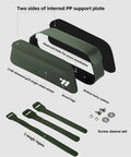 Bolt-On Top Tube Bike Bag With Magnetic Flap internal components, showing straps and screw set for bikepacking travel, Green On The Go.