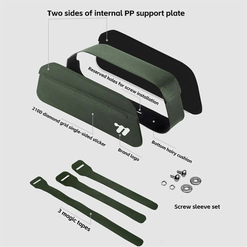 Bolt-On Top Tube Bike Bag With Magnetic Flap internal components, showing straps and screw set for bikepacking travel, Green On The Go.