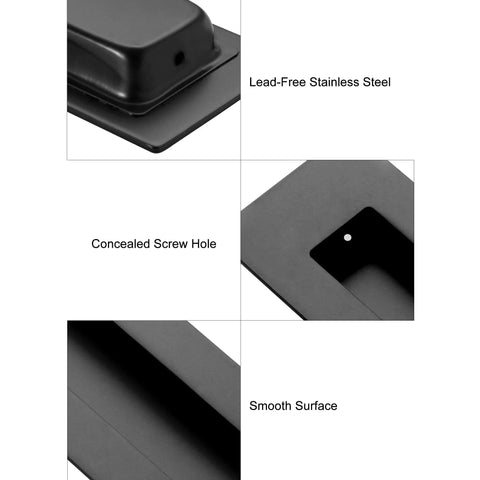 Close-up of Recessed Pocket Door Pulls 6 Inch Black Stainless Steel Flush Pull Handles showing lead-free steel, concealed screw hole, smooth surface.