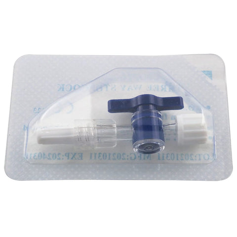 Disposable medical 2-way stopcock valve with Luer lock, blue T-handle, clear body in blister pack