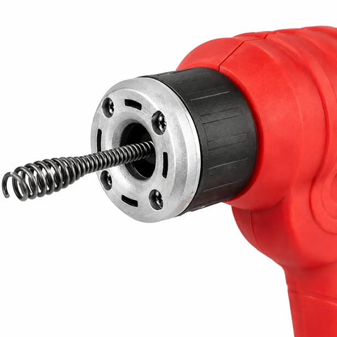 Close-up of Portable Auto Feed Drain Snake Auger for Toilets, Sinks and Pipes with corded power cable and metal auger tip.