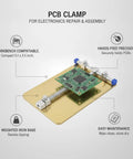 Gold Iron PCB Clamp For Electronics Repair And Soldering, Handy Workbench Holder for Assembly, showing features and PCB on base