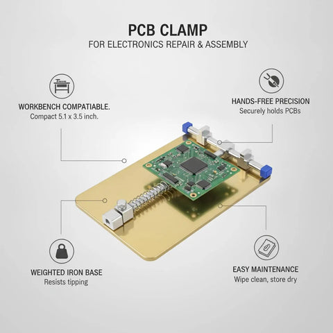Gold Iron PCB Clamp For Electronics Repair And Soldering, Handy Workbench Holder for Assembly, showing features and PCB on base