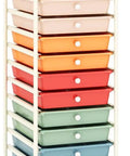 Rolling Utility Cart With Ten Drawers, Lockable Wheels, Easy Grab Handles, And Mega Mobility For Home Office, Classroom, And Workshop Storage, Large Capacity Organizer For Paper, Toys, Crafts, And More, shown with colorful drawers