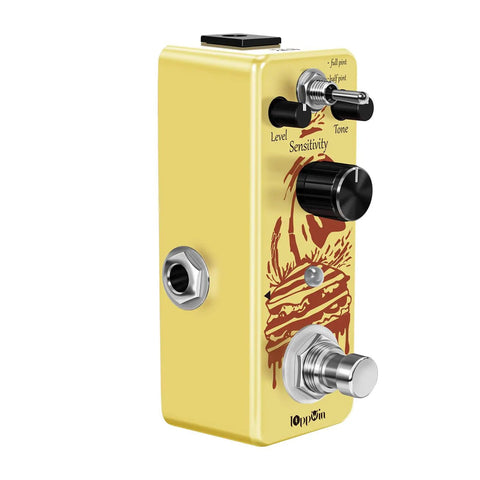 Side view of Dope Optical Compressor Pedal For Electric Guitar And Bass With Smooth Attack And Decay, True Bypass, Mini Size Yellow Metal Housing