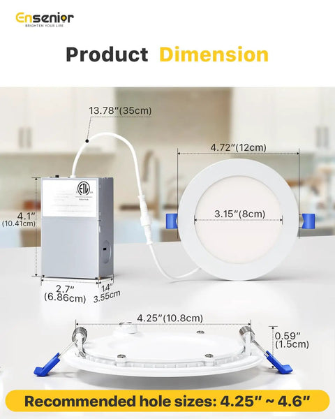 Ultra Bright Four Inch LED Canless Recessed Wafer Light dimensions with installation templates and sizes.