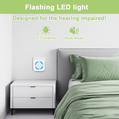 Wireless Waterproof Doorbell Kit With 2 Push Buttons And 2 Plug In Receivers 1300 Feet Range 55 Chimes beside bed with LED light