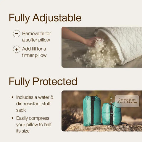 Travel And Camping Adjustable Pillow With Compressible Stuff Sack Small 19 By 13 Inch Pillow Medium Firm Memory Foam shown