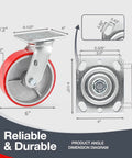 Industrial Casters Set Of 4 With Brakes, 6 Inch Swivel And 2 Rigid Wheels, Heavy Duty 5000 Lbs Capacity dimensions diagram.