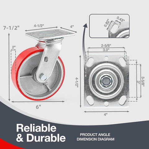 Industrial Casters Set Of 4 With Brakes, 6 Inch Swivel And 2 Rigid Wheels, Heavy Duty 5000 Lbs Capacity dimensions diagram.