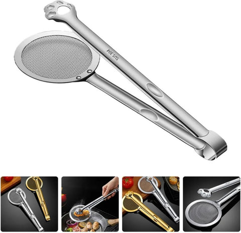 Stainless steel oil strainer spoon and frying oil filter clamp, 304 stainless, claw-design handles with round mesh basket