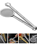 Front view: stainless steel oil strainer spoon with frying oil filter clamp, 304 stainless, claw design