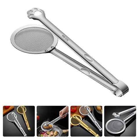 Front view: stainless steel oil strainer spoon with frying oil filter clamp, 304 stainless, claw design