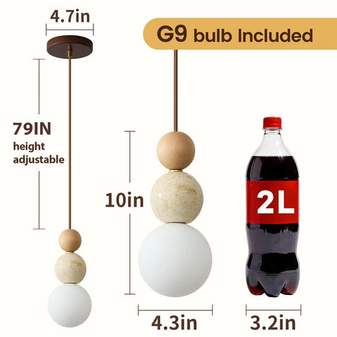 Wabi Sabi Travertine Pendant Light with Wood Ball & Milk Glass Shade dimensions 79in height adjustable, 10in length, featuring polished stone.