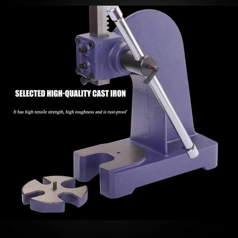 Heavy Duty Cast Iron Arbor Press Rock Solid Benchtop Manual Punch Tool Press Built Like A Tank For Shop Work Featuring Hardened Steel Ram And Stable Base For Garage Pros with a close-up view of the base and handle.