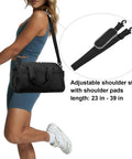 14 Inch Small Gym Bag For Women And Men shown on shoulder with adjustable strap, black, lightweight, durable, water resistant.