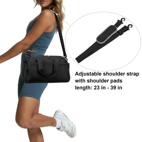 14 Inch Small Gym Bag For Women And Men shown on shoulder with adjustable strap, black, lightweight, durable, water resistant.