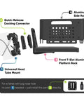 Detail view of Ultimate Universal Front Cargo Rack For E Bikes With Head Tube Mount And 33 Lbs Capacity plus connectors and platform.