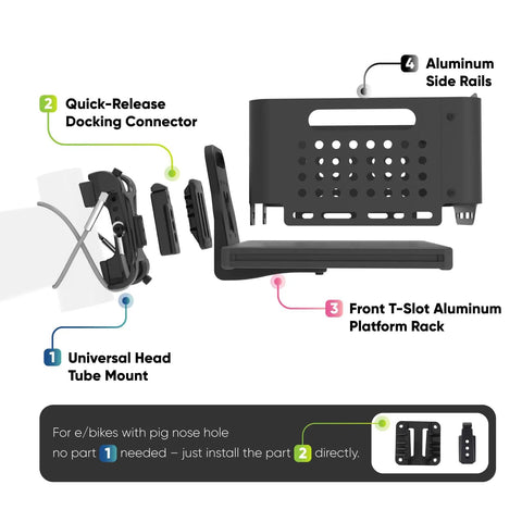 Detail view of Ultimate Universal Front Cargo Rack For E Bikes With Head Tube Mount And 33 Lbs Capacity plus connectors and platform.