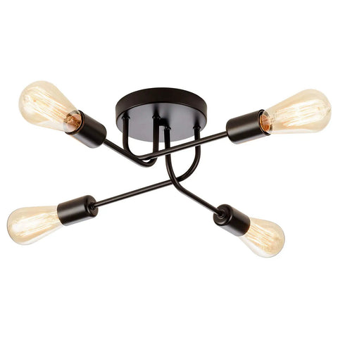 Industrial Semi Flush Mount Four Light Ceiling Fixture With Adjustable Black Metal Branches, E26 Base, bulbs not included