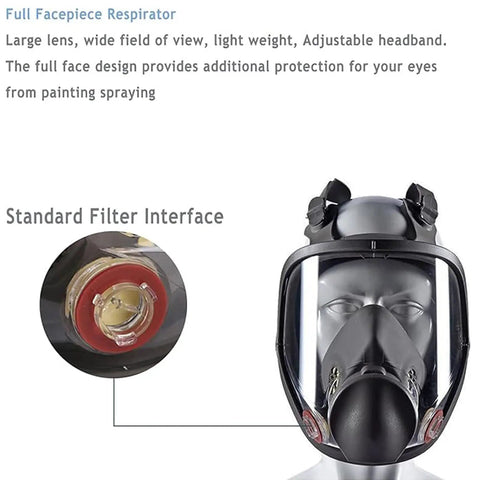 Full Face Protective Cover With Organic Vapor Filter, wide field of view, and impact-resistant lens, shown with filter close-up