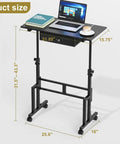 Adjustable Height Sit Stand Desk On Wheels With Drawer, Rolling Computer Desk, Black Mobile Desk Height 31.5 to 43.3 Inches
