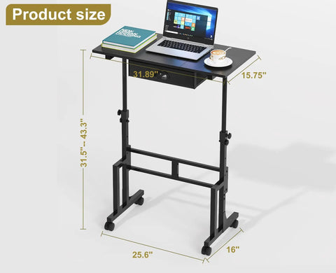 Adjustable Height Sit Stand Desk On Wheels With Drawer, Rolling Computer Desk, Black Mobile Desk Height 31.5 to 43.3 Inches