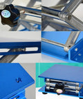 Front view of blue laboratory jack lift table with black star-shaped adjustment knob.
Side view of blue lab lift table showing metal frame and hinge joints.
Close-up of blue metal edge with threaded mounting hole.
Installed view of the fully assembled blue lab lift table with chrome support rollers.
