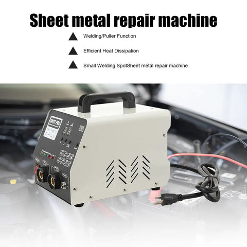 3KW Spot Weld Dent Repair Kit With 6 Welding Modes 110V Auto Body Dent Puller Machine shown with sheet metal on a car