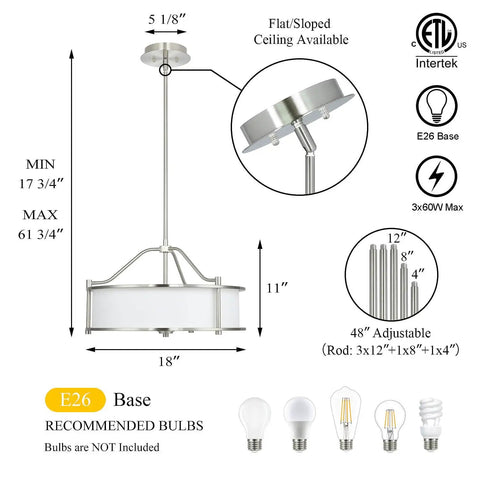 Diagram of Three Light Drum Pendant with Fabric Shade and Glass Diffuser in Brushed Nickel, 18 Inch Ceiling Light Fixture.