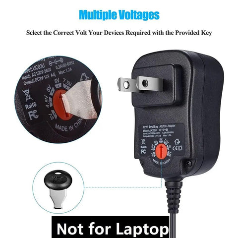 All In One 12W Universal AC DC Adapter With Eight Swappable Tips showing voltage selector and plug