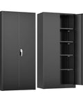 Heavy Duty 72 Inch Metal Storage Cabinet With 4 Adjustable Shelves And 2 Doors For Garage Workshop Office Or Home Black Durable Steel Tool Organizer And More, front and open view