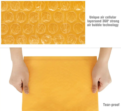 Hands holding yellow 50 Pack Bubble Mailers 4x8 Inches Self Seal Kraft Poly Padded Envelopes with 80gsm bubble lining.