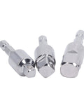 Three chrome-plated 360-degree rotating sleeve socket adapters with square drive, side view