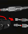 Gold Plated Insulated Spade Connectors 600 Piece Set Kit Male Female Wire Terminals 2.8mm 4.8mm 6.3mm Sizes For Automotive Electrical Wiring And Home Repair Projects These Bad Boys Hold Fast And Tight So Connections Stay Locking And Super Secure Forever. insulated spade terminals crimped to red wire with connector close-up