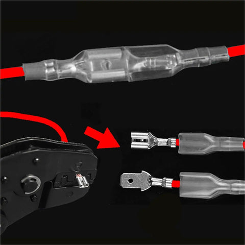 Gold Plated Insulated Spade Connectors 600 Piece Set Kit Male Female Wire Terminals 2.8mm 4.8mm 6.3mm Sizes For Automotive Electrical Wiring And Home Repair Projects These Bad Boys Hold Fast And Tight So Connections Stay Locking And Super Secure Forever. insulated spade terminals crimped to red wire with connector close-up