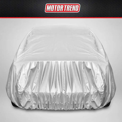 Front view of Waterproof Car Cover All Weather Protection For Rain Wind And Sun Fits Up To 190 By 70 By 50 Inches Size L