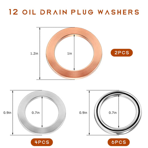 12 Pack Differential And Transfer Case Crush Washer Kit with copper, aluminum, steel washers and corrosion-resistant sizes shown