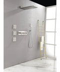 Wall Mounted Waterfall Rain Shower System with 3 Body Sprays & Handheld Shower installed on gray wall with gold ladder.