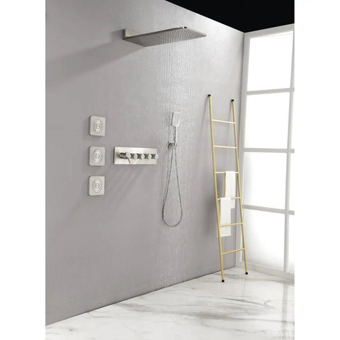 Wall Mounted Waterfall Rain Shower System with 3 Body Sprays & Handheld Shower installed on gray wall with gold ladder.