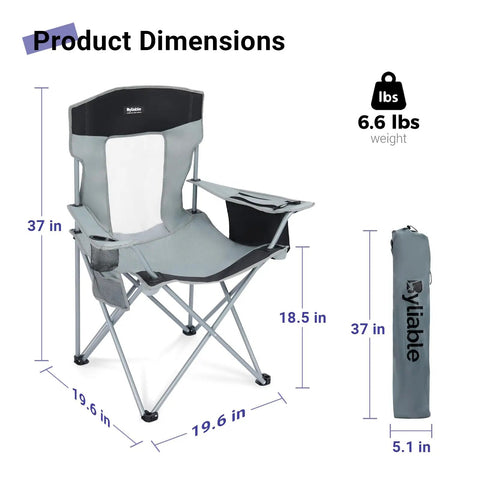 Ultralight Portable Folding Camping Chair For Adults With Cup Holder And Cooler Pouch, dimensions shown, gray black, folded bag