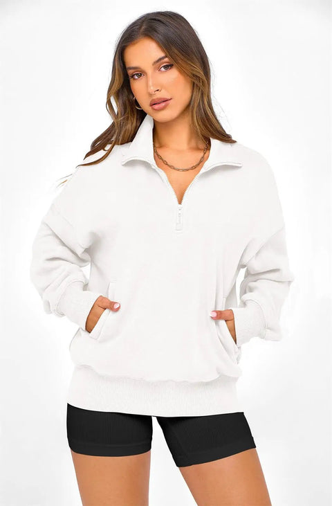 Model in Women Half Zip Oversized Sweatshirt Fleece Hoodie With Plush Lining Cozy Long Sleeve Pullover Top For Fall Travel Y2K Vibe Trendy 2026 Wardrobe Essential White Size M, hands in pockets