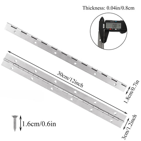 Six Piece 12 Inch Stainless Steel Piano Hinges Heavy Duty Pre Drilled Build Rust Resistant Finish Rock Solid Hardware For Cabinet Doors Workshop Rig And Everyday Fixes Built For The Daily Grind, showing thickness and measurements.