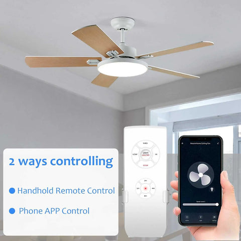 WiFi Ceiling Fan And Light Remote Control Kit Compatible With Alexa And Google Phone App Control Without Hub Universal Ceiling Fan Light Remote Includes RF Remote And Smart Switch For Speed And Light On Off, showing fan, remote, and phone app features.