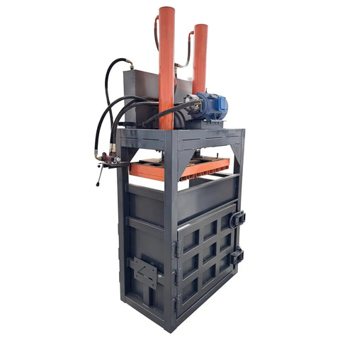 Top Shelf 40 Ton Vertical Hydraulic Baler Dual Cylinder Waste Paper Compactor heavy duty baling press in gray with orange hydraulic cylinders.