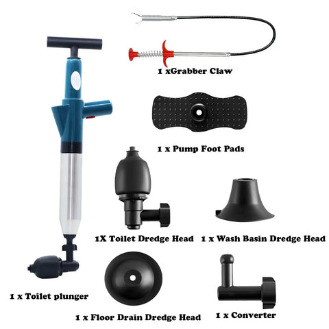 Air Powered Toilet Drain Blaster Plunger High Pressure Dredge Tool For Clogged Toilet Sink Shower Floor Drains And Sewer Pipes Quick Blockage Busting DIY Plumbing Solution with attachments.